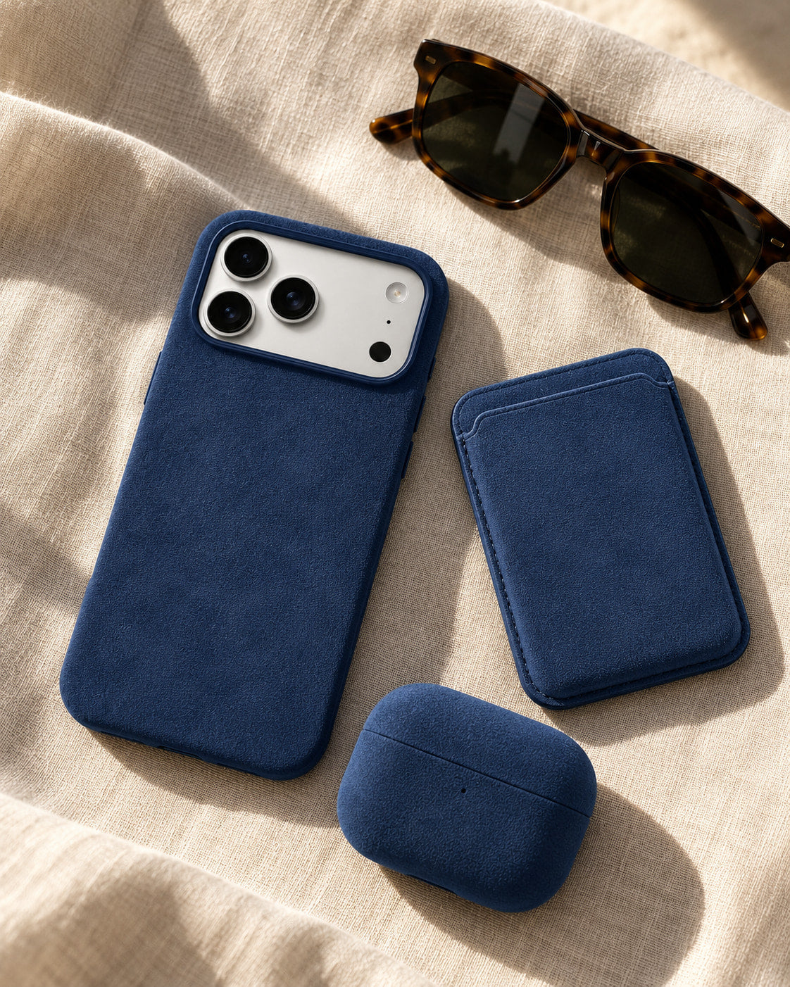 Navy Velluto Case, wallet and AirPods case on linen with sunglasses
