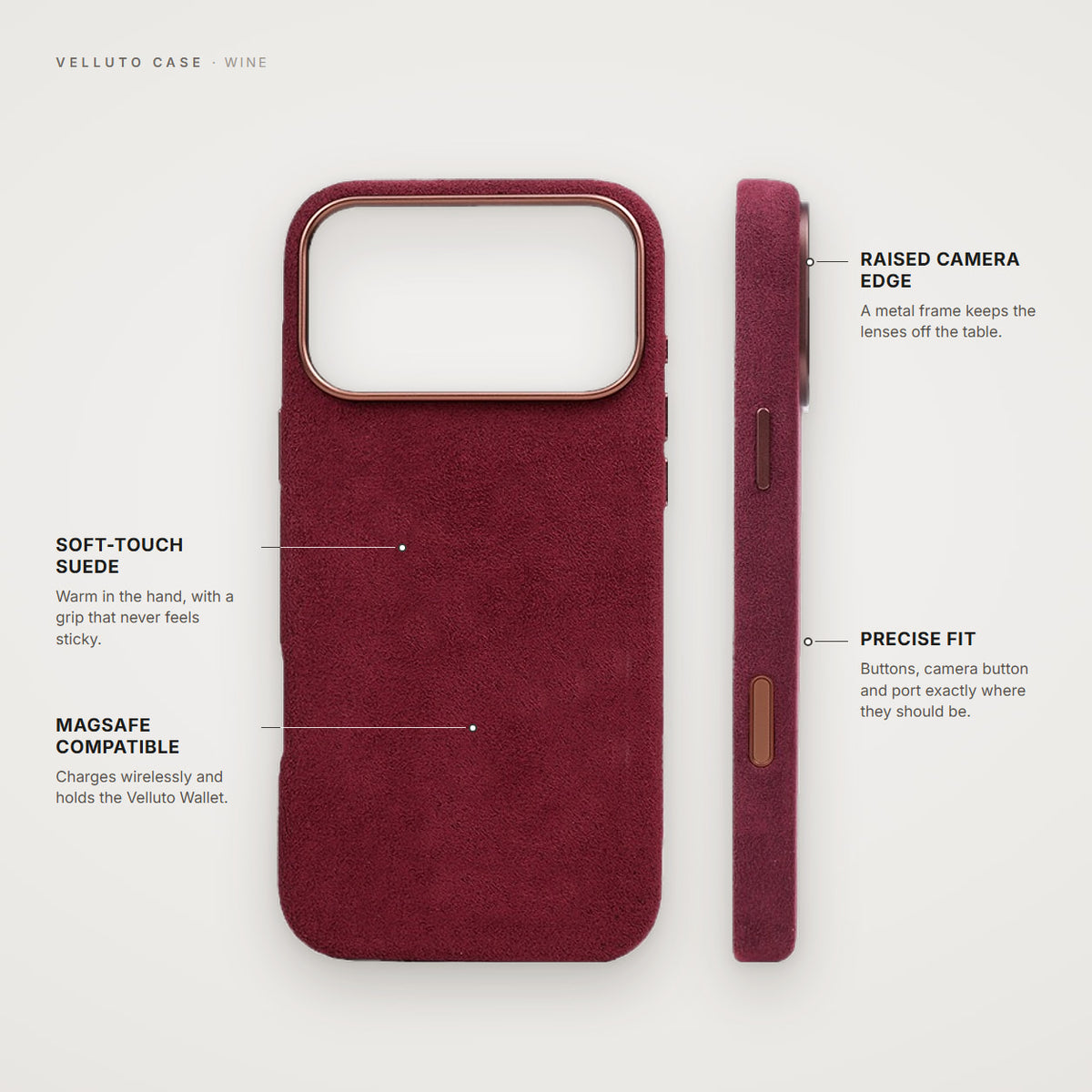 Velluto Case in Wine: details, back and side view