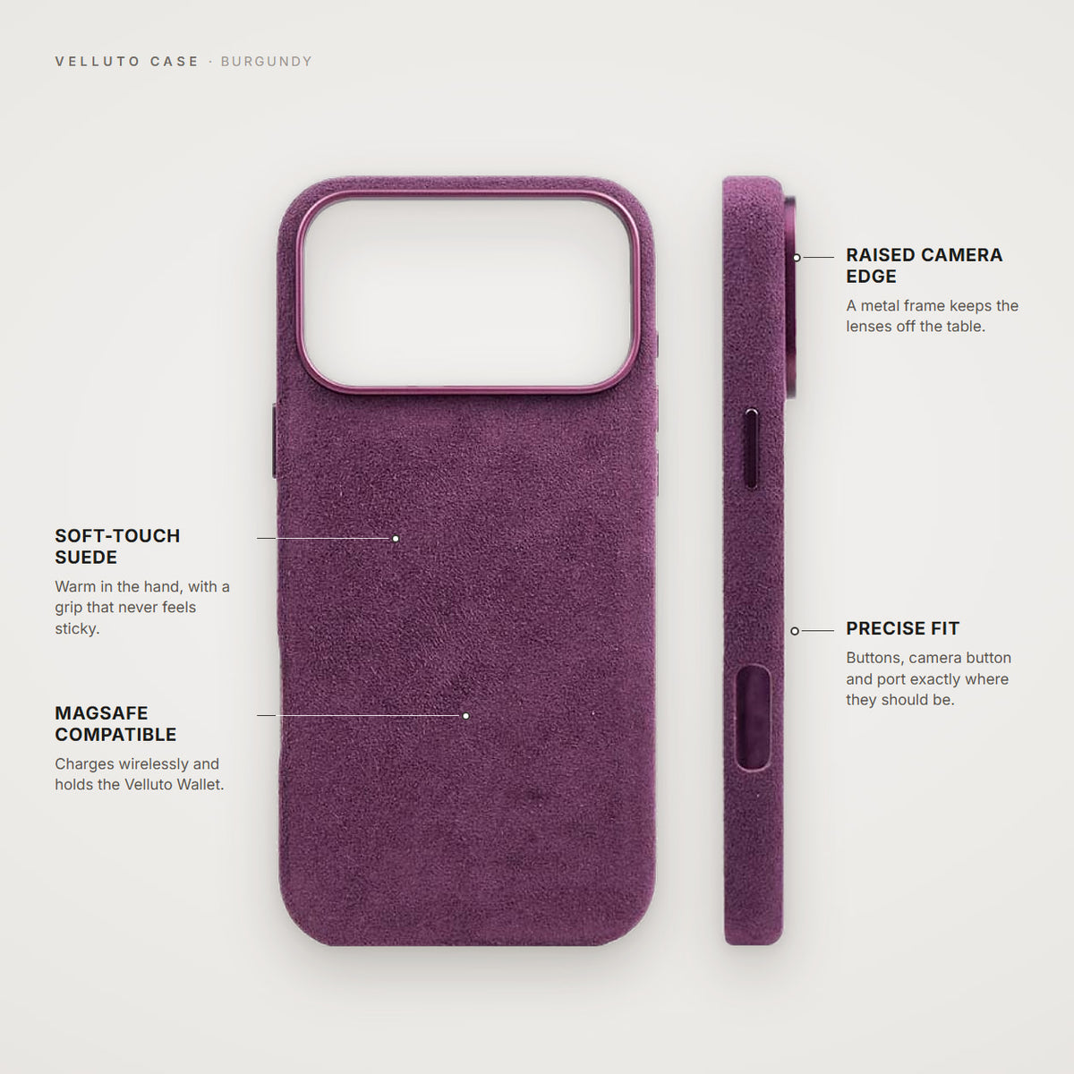 Velluto Case in Burgundy: details, back and side view