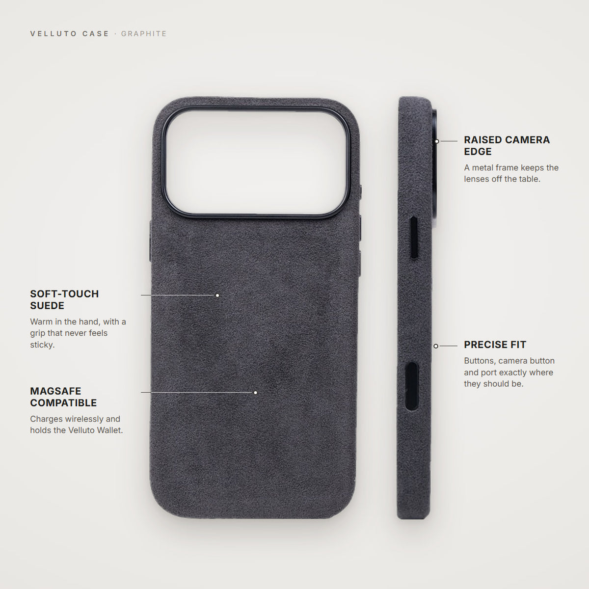 Velluto Case in Graphite: details, back and side view
