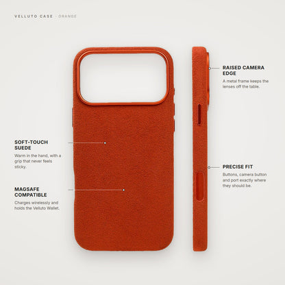 Velluto Case in Orange: details, back and side view
