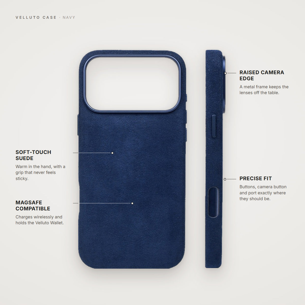 Velluto Case in Navy: details, back and side view