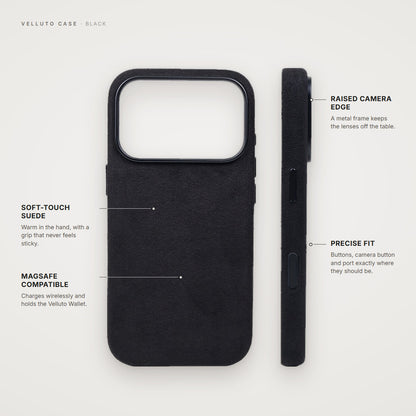 Velluto Case in Black: details, back and side view