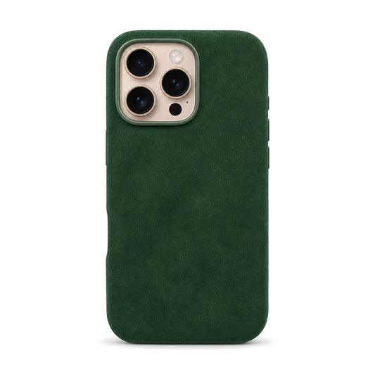 Velluto Case for iPhone 16 Pro Max in Forest Green suede, back view