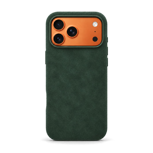 Velluto Case in Forest Green on a Cosmic Orange iPhone 17 Pro