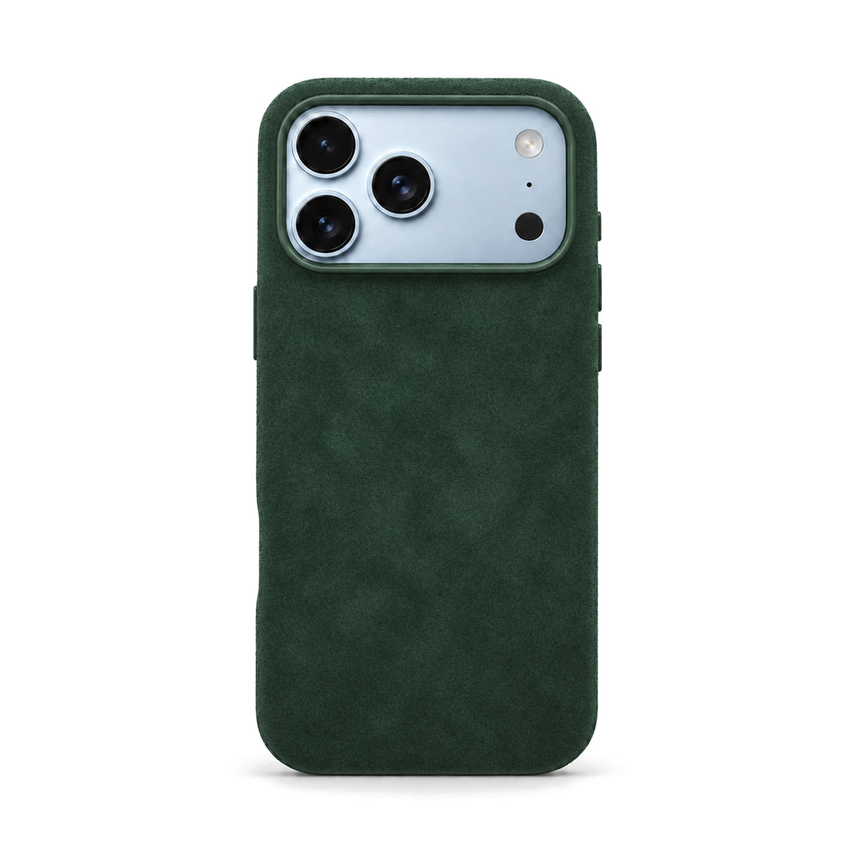 Velluto Case in Forest Green on a light blue iPhone 18 Pro
