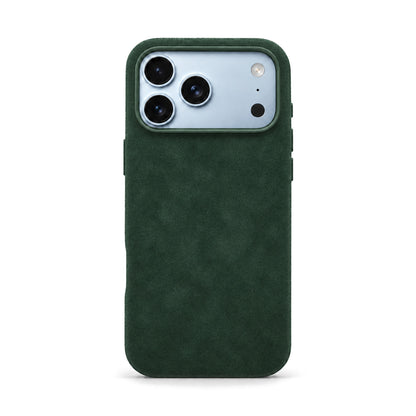 Velluto Case in Forest Green on a light blue iPhone 18 Pro