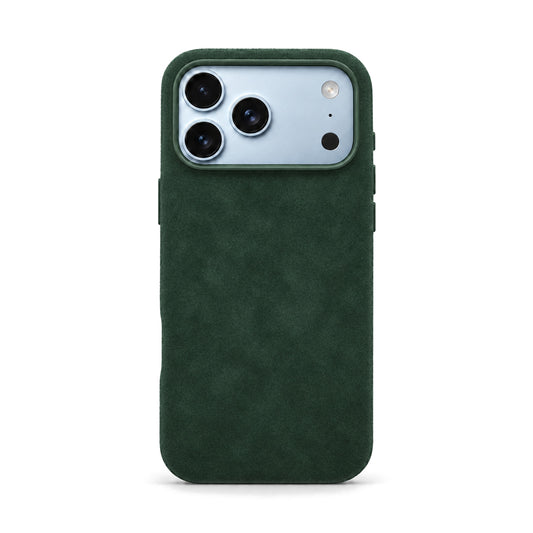 Velluto Case in Forest Green on a light blue iPhone 18 Pro