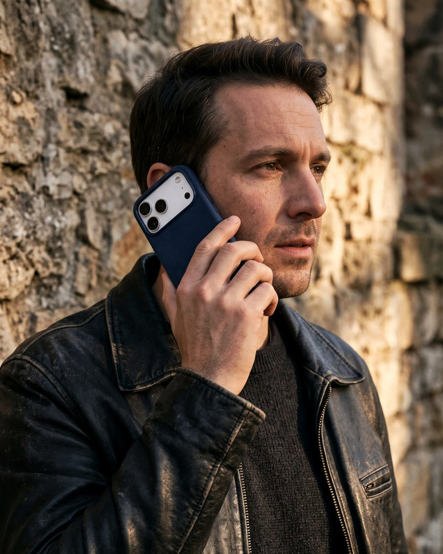 Navy Velluto Case on a call