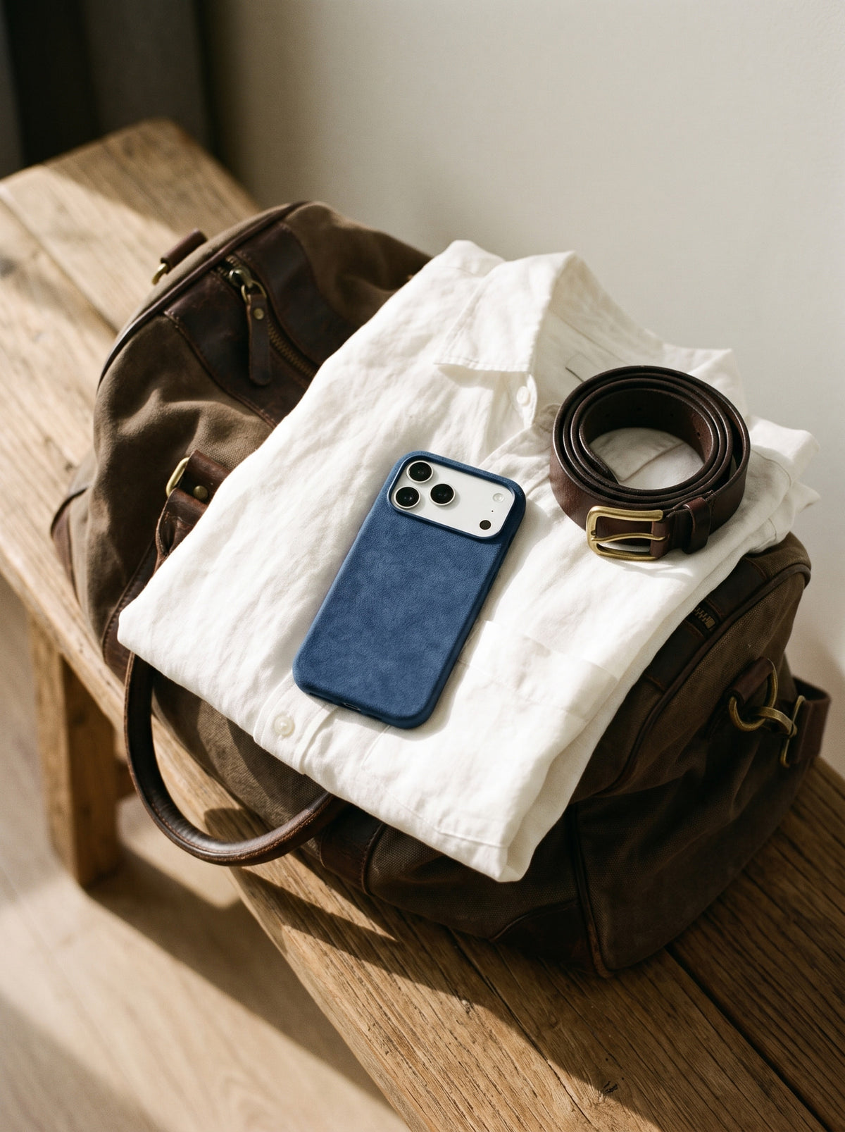 Navy Velluto Case on a white shirt and a travel bag