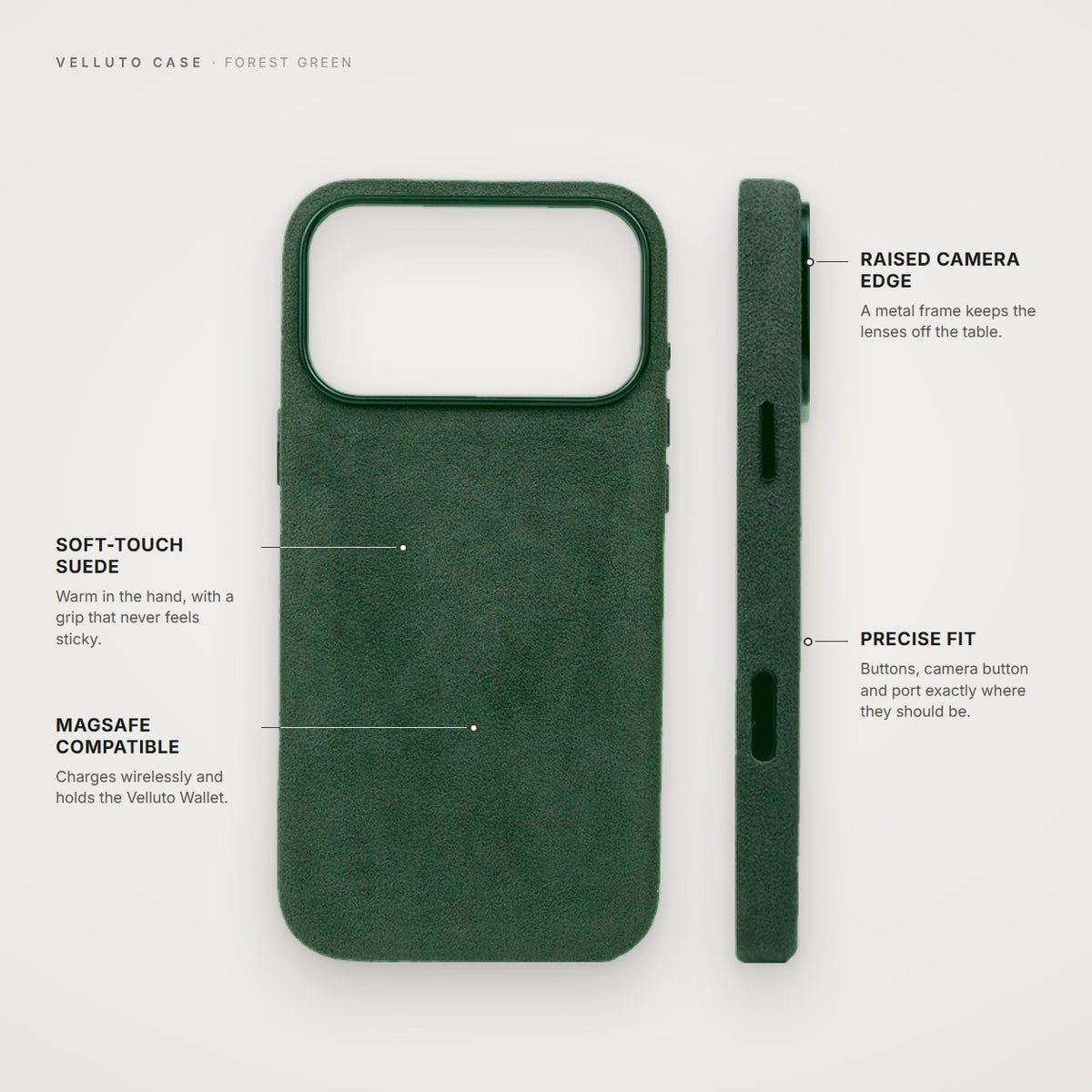 Velluto Case in Forest Green: details, back and side view