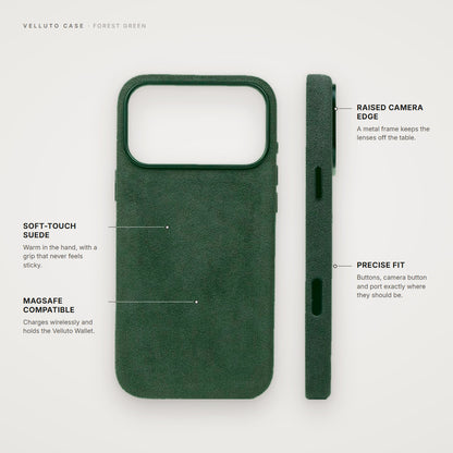 Velluto Case in Forest Green: details, back and side view